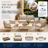 Outdoor furniture set with cushions on a patio, featuring Olsen & Smith EasyClean covers.
