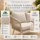 Outdoor furniture with cushions and text about the Marlow range fabric, featuring natureguard and comfortlift labels.