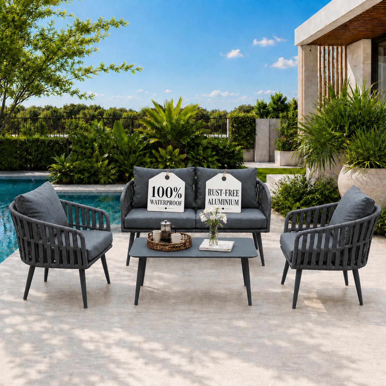 Outdoor patio set with chairs and a table by a poolside, featuring signs about material quality.