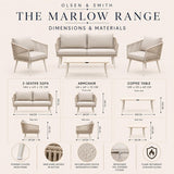 Product sheet for Olsen & Smith Marlow Range outdoor furniture with dimensions and materials details.