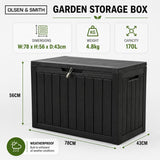 Olsen & Smith 170L Outdoor Garden Storage Box Lockable Weather Resistant Plastic Storage Chest with Wood Effect Finish Padlock Included for Garden Tools Cushions Toys and Patio Accessories Black