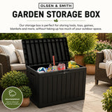 Olsen & Smith 170L Outdoor Garden Storage Box Lockable Weather Resistant Plastic Storage Chest with Wood Effect Finish Padlock Included for Garden Tools Cushions Toys and Patio Accessories Black