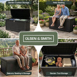 Olsen & Smith 980L XXL Garden Storage Box Extra Large Weather Resistant Outdoor Storage Chest 100% Recycled Plastic Cushion Storage Box with Gas-Assisted Hinges 4-Digit Padlock Wood Effect Finish