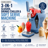 Olsen & Smith 3-in-1 slushie drinks chiller and soft serve machine with various slushies and drinks displayed.