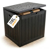 Olsen & Smith 118L Outdoor Garden Storage Box Lockable Weatherproof Plastic Storage Chest with Wood Effect Finish for Garden Tools Cushions Toys Balcony Patio and Outdoor Storage