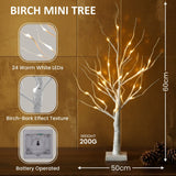 Olsen & Smith Set of 2 Pre-Lit 60cm (2ft) White Birch Twig Trees – Battery Operated Mini Christmas Tree Ornaments with 24 Warm White LED Lights & Timer for Home, Tabletop, Party & Wedding Décor