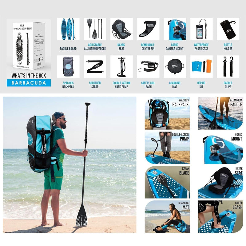 Aqua Spirit Barracuda iSUP Inflatable Stand Up Paddle Board 2025, 10'6x32”x6”, Complete Kayak Conversion Kit with Paddle, Backpack, Pump and more accessories, Adult Beginner/Expert, 2 Year Warranty (Blue)