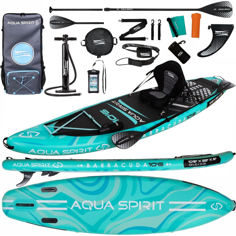 Aqua Spirit Barracuda iSUP Inflatable Stand Up Paddle Board 2025, 10'6x32”x6”, Complete Kayak Conversion Kit with Paddle, Backpack, Pump and more accessories, Adult Beginner/Expert, 2 Year Warranty (Green)