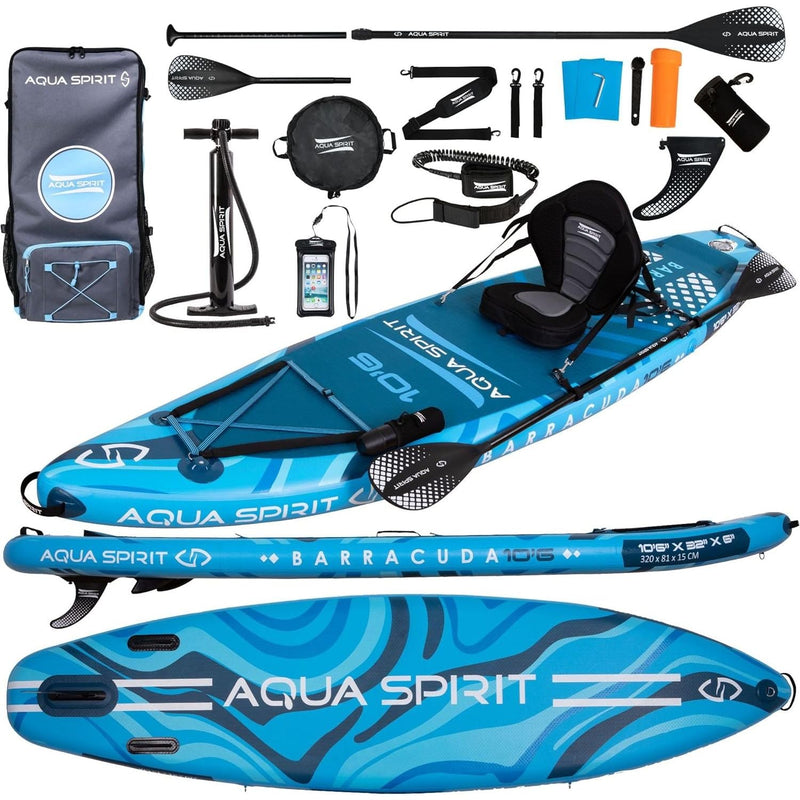 Aqua Spirit Barracuda iSUP Inflatable Stand Up Paddle Board 2025, 10'6x32”x6”, Complete Kayak Conversion Kit with Paddle, Backpack, Pump and more accessories, Adult Beginner/Expert, 2 Year Warranty (Blue)