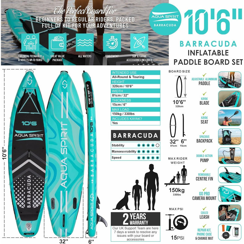 Aqua Spirit Barracuda iSUP Inflatable Stand Up Paddle Board 2025, 10'6x32”x6”, Complete Kayak Conversion Kit with Paddle, Backpack, Pump and more accessories, Adult Beginner/Expert, 2 Year Warranty (Green)