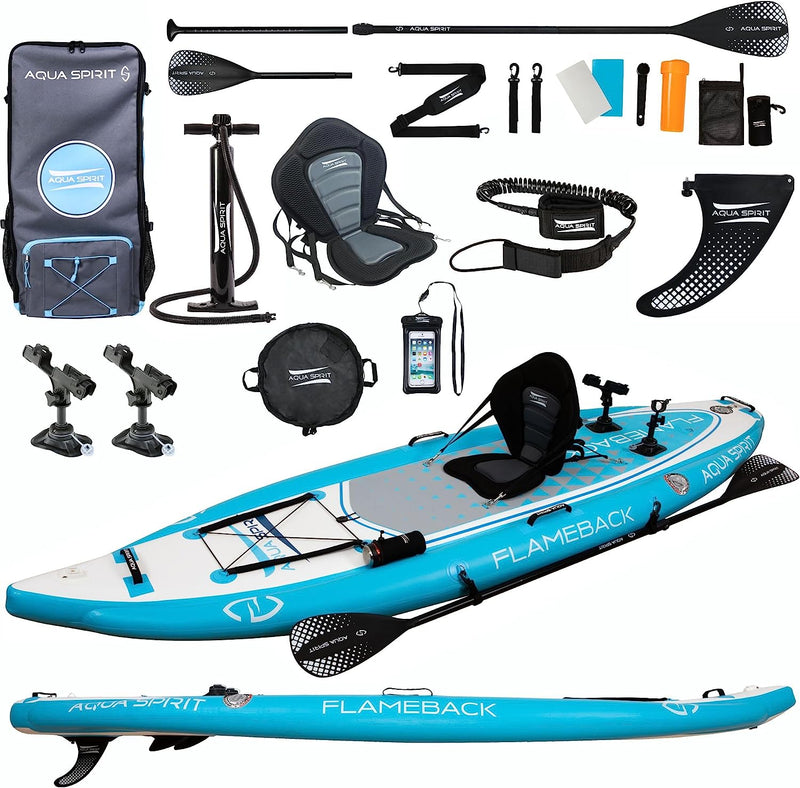 Aqua Spirit Flameback SUP Activity Inflatable Stand UP Paddle Board 2025 | 10'10”x39”x6” | Complete Kayak Conversion Kit with Fishing Rod Mounts, Paddle, Backpack, Pump and more accessories | Adult Beginners/Experts | 2 Year Warranty