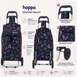 Hoppa 57L Lightweight Shopping Trolley 2025 Foldable Push Pull Shopping Cart with 2 Wheels Shower Resistant Polyester Bag Easy Storage 1 Year Guarantee Navy Butterflies