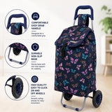 Hoppa 57L Lightweight Shopping Trolley 2025 Foldable Push Pull Shopping Cart with 2 Wheels Shower Resistant Polyester Bag Easy Storage 1 Year Guarantee Navy Butterflies