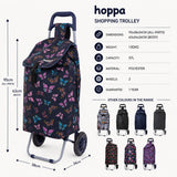Hoppa 57L Lightweight Shopping Trolley 2025 Foldable Push Pull Shopping Cart with 2 Wheels Shower Resistant Polyester Bag Easy Storage 1 Year Guarantee Navy Butterflies