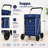 Hoppa 64L Premium 4 Wheel Shopping Trolley 2025 Foldable Push Pull Shopping Cart Waterproof Grocery Trolley with Removable Bag Easy Storage 1 Year Guarantee Blue Stripe
