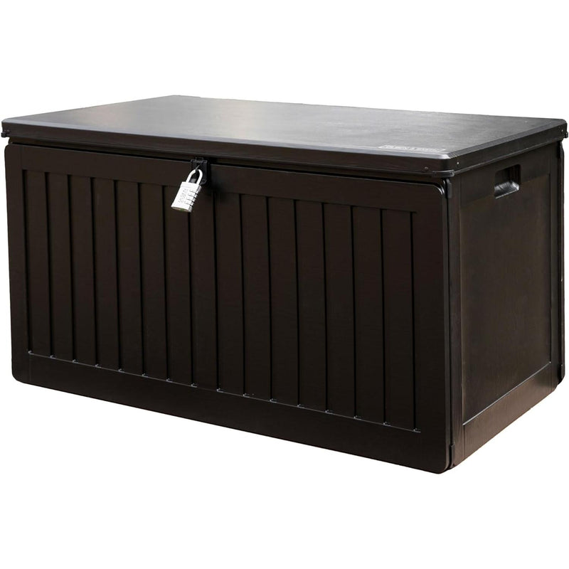 Olsen & Smith 270L MASSIVE Capacity Outdoor Garden Storage Box With Padlock Plastic Shed - Weatherproof & Sit On with Wood Effect Chest (270 Litre, Black)