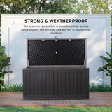 Olsen & Smith 270L MASSIVE Capacity Outdoor Garden Storage Box With Padlock Plastic Shed - Weatherproof & Sit On with Wood Effect Chest (270 Litre, Black)