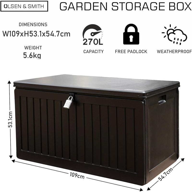 Olsen & Smith 270L MASSIVE Capacity Outdoor Garden Storage Box With Padlock Plastic Shed - Weatherproof & Sit On with Wood Effect Chest (270 Litre, Black)