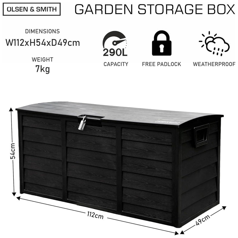 Olsen & Smith 290L Capacity Outdoor Garden Plastic Storage Cushion Box Furniture - Lockable with Padlock Lock, Weather Resistant, Shed Chest