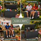 Olsen & Smith 570L Large Garden Storage Box Weather Resistant Outdoor Storage Chest 100% Recycled Plastic Cushion Storage Box with Gas-Assisted Hinges Lockable Lid Combination Padlock and Wood Effect Finish Grey