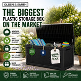 Olsen & Smith 980L XXL Garden Storage Box Extra Large Weather Resistant Outdoor Storage Chest 100% Recycled Plastic Cushion Storage Box with Gas-Assisted Hinges 4-Digit Padlock Wood Effect Finish