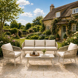 Olsen & Smith Hampton 5 Seater Garden Furniture Set Outdoor Rattan Sofa Set with 3 Seater Sofa Armchair Coffee Table Waterproof Olefin Cushions Rust-Resistant Aluminium Frame Sandstone Cream
