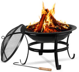 Large Steel Metal Fire Pit for Outdoor Garden Patio Heater Camping Bowl with Lid & Poker , Wood & Coal Burning , Large Black