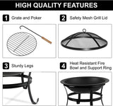 Large Steel Metal Fire Pit for Outdoor Garden Patio Heater Camping Bowl with Lid & Poker , Wood & Coal Burning , Large Black