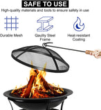 Large Steel Metal Fire Pit for Outdoor Garden Patio Heater Camping Bowl with Lid & Poker , Wood & Coal Burning , Large Black