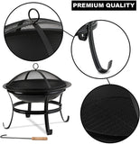 Large Steel Metal Fire Pit for Outdoor Garden Patio Heater Camping Bowl with Lid & Poker , Wood & Coal Burning , Large Black