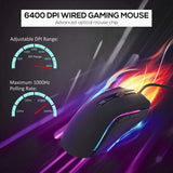 XTREME RGB Backlit USB Wired Optical Gaming Mouse for PC Computer Gaming - 7 Programmable Buttons - 6400 DPI Adjustable - Ergonomic Grip - Black