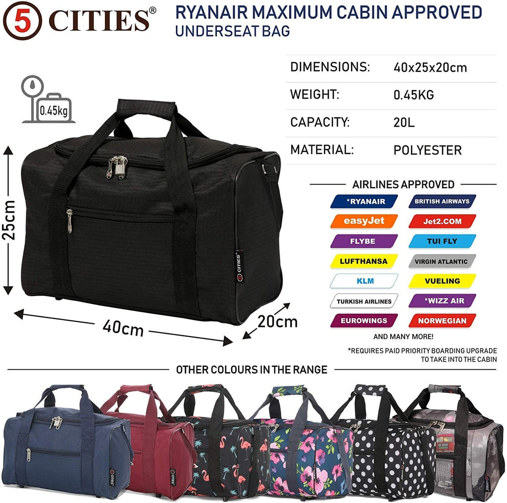 5 Cities 40x20x25 New and Improved 2023 Ryanair Maximum Sized Cabin Holdall – Take The Max on Board! Set of 2