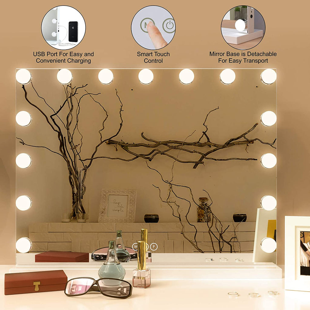 Olsen & Smith Tabletop Hollywood Vanity Makeup Mirror with 15 Dimmable LED Bulbs Lights for Dressing Table White