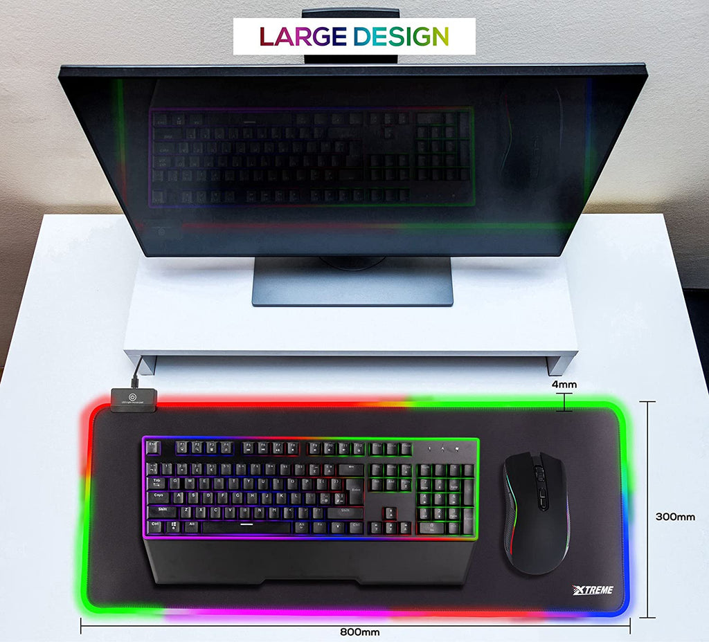 XTREME RGB Gaming LED Mouse Mat Pad – Large Wide Thick Soft Non-Slip Mousepad for PC Computer Macbook Laptop Desk Gaming Rig - 800×300×4mm - Black