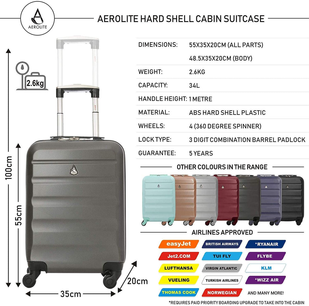 Aerolite 55x35x20cm Lightweight ABS Hard Shell Travel Carry On Cabin Hand Luggage Suitcase - Set of 2