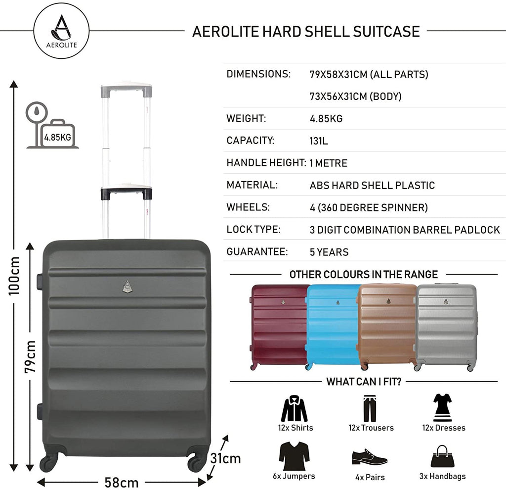 Aerolite ABS Hard Shell 3 Piece Suitcase Luggage Set - 2 x 21" Hand Cabin Luggage + 1 x Large 29" Hold Check in Luggage Suitcase Charcoal