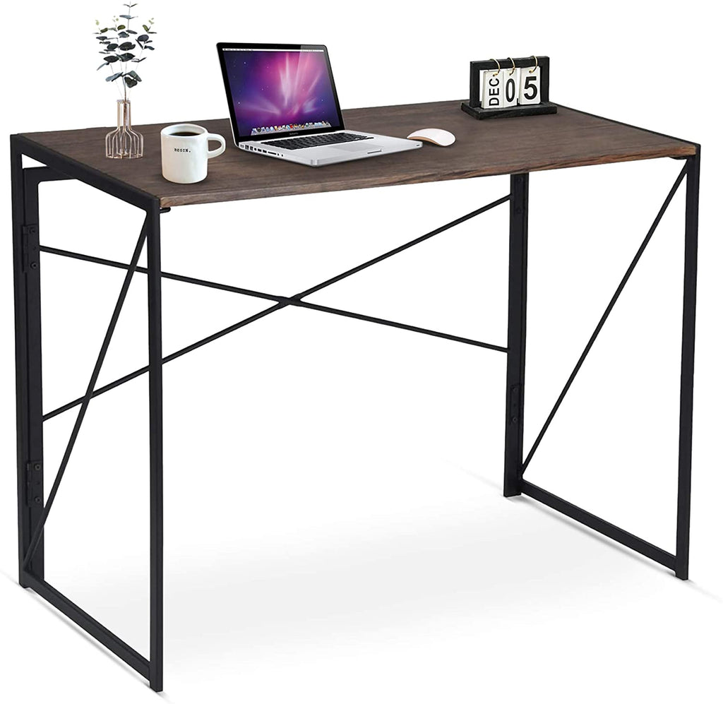 Folding Computer Desk Table, Compact Foldable Home Office Computer PC Laptop Workstation Desk Table for Home Office, Wood & Metal, Brown Black