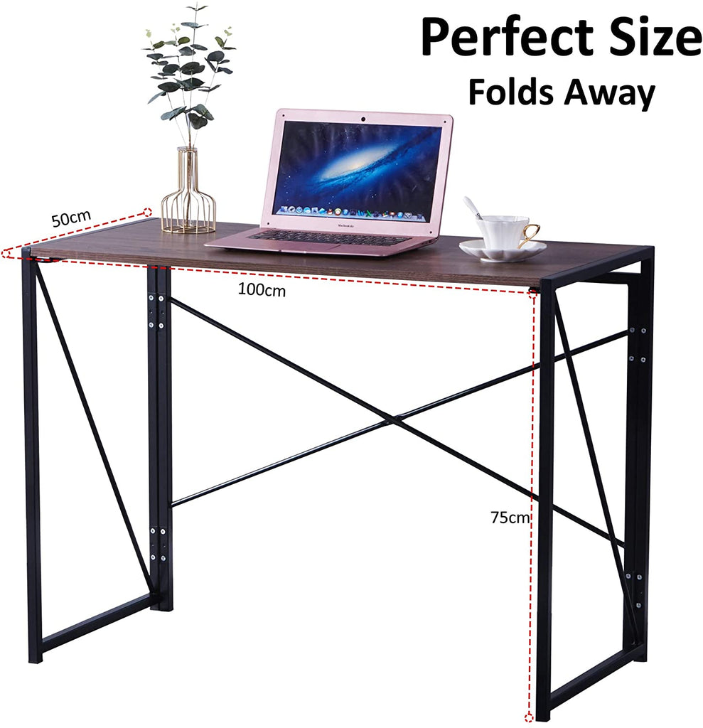 Folding Computer Desk Table, Compact Foldable Home Office Computer PC Laptop Workstation Desk Table for Home Office, Wood & Metal, Brown Black