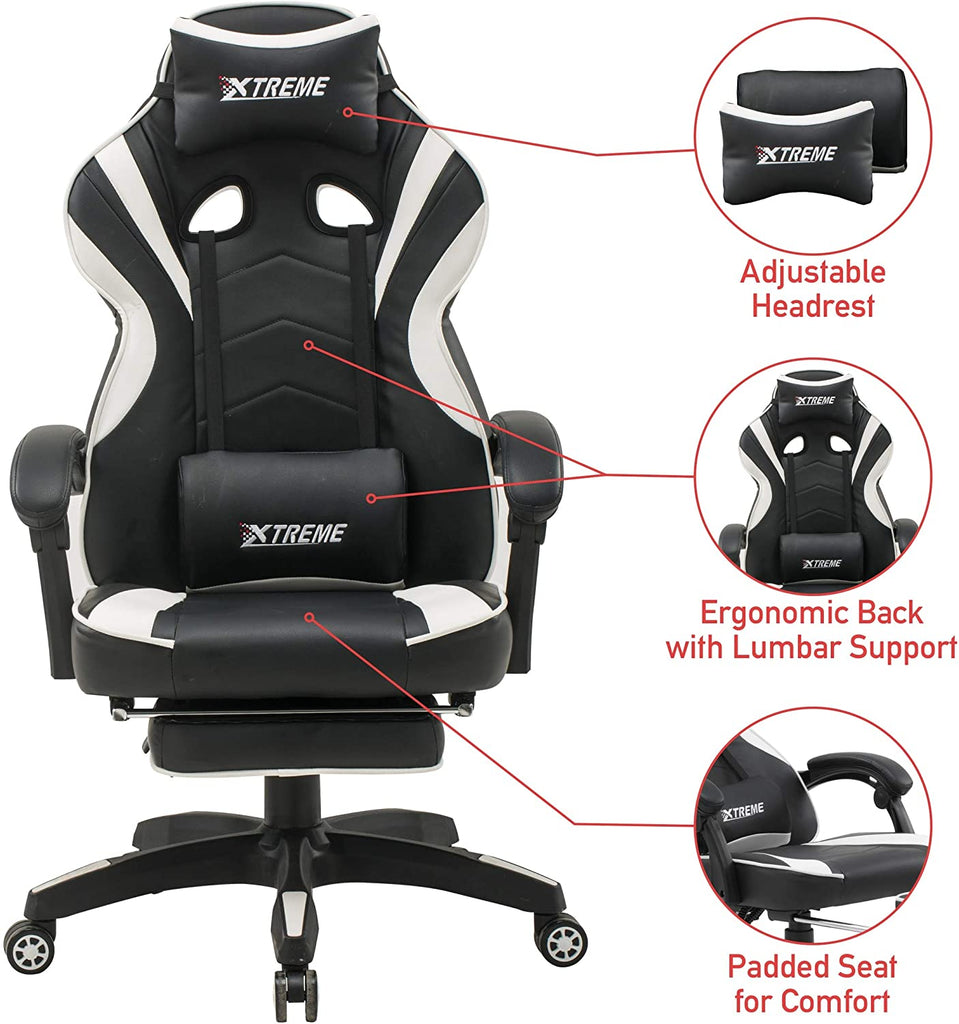 Olsen & Smith XTREME Gaming Chair Ergonomic Office Desk PC Computer Recliner Swivel Chair Detachable Padded Head Rest Lumbar Support Cushion & Footrest (Black/White)