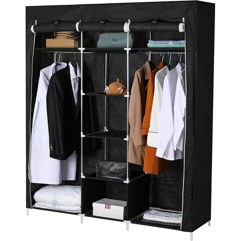 Freestanding Wardrobe Cloakroom Storage Organiser with Clothes Hanging Rails, Shoe & Storage Compartments Shelves Spaces and Cover for Home & Bedroom