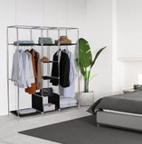 Freestanding Wardrobe Cloakroom Storage Organiser with Clothes Hanging Rails, Shoe & Storage Compartments Shelves Spaces and Cover for Home & Bedroom