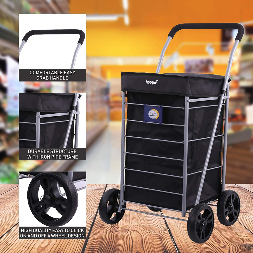 Hoppa Lightweight 4-Wheel Premium Folding Shopping Trolley Extra Large 64L Capacity Shopping Trolley Bag, 95cm, 4.8kg, Push/Pull Stairclimber Black, Carton (4)