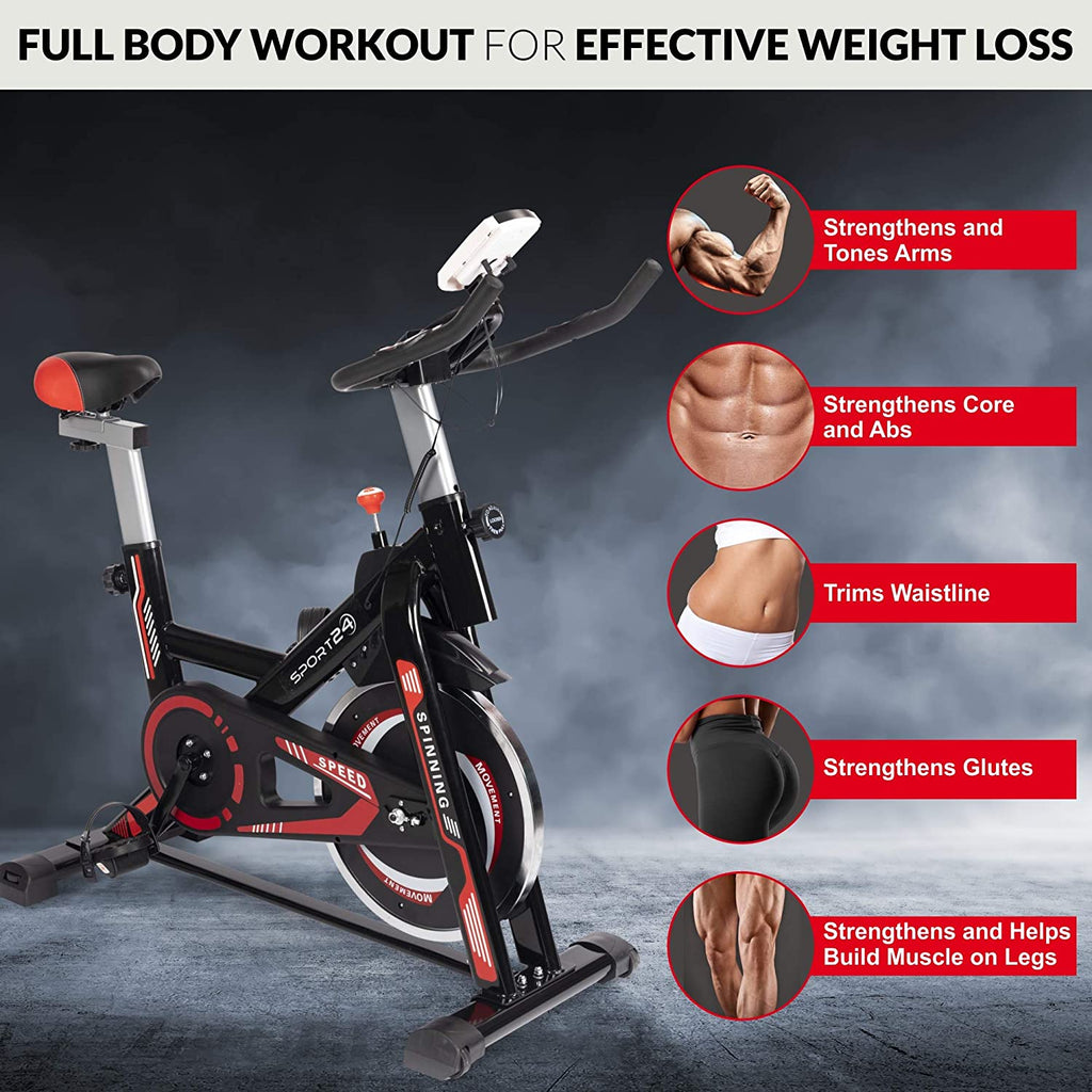 Sport24 Stationary Upright Exercise Spinning Bike for Home Use with 8kg Flywheel, LCD Screen, Multi-Resistance Levels, Bicycle Cardio Trainer Indoor Fitness, 2021 Edition, Black Red