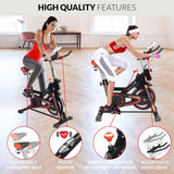 Sport24 Stationary Upright Exercise Spinning Bike for Home Use with 8kg Flywheel, LCD Screen, Multi-Resistance Levels, Bicycle Cardio Trainer Indoor Fitness, 2021 Edition, Black Red