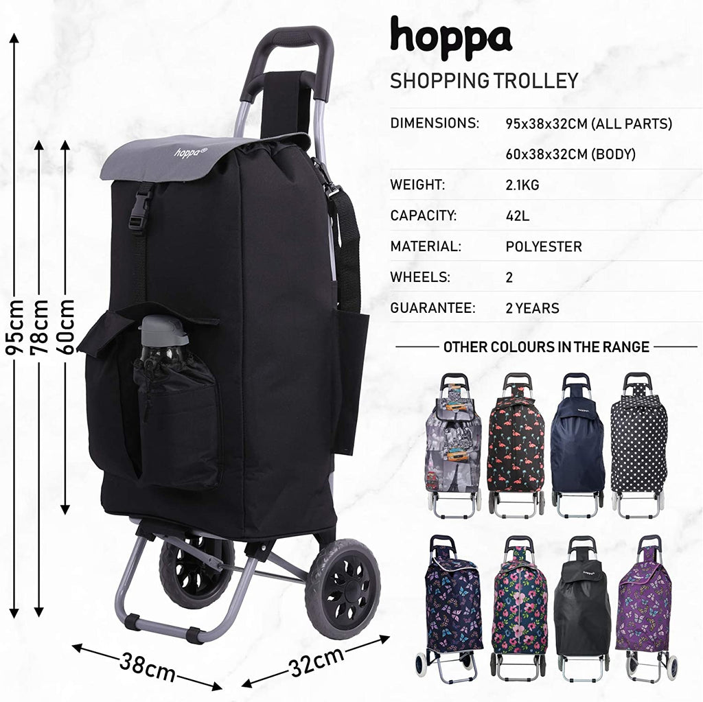 Hoppa Fully Insulated Lightweight 2024 Model 2 Wheeled Large 42Litre Capacity Shopping Trolley Bag 95cm, 2.1kg with Shoulder Strap