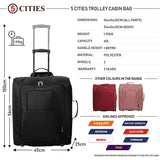 5 Cities easyJet/British Airways / Jet2 56x45x25cm Maximum Carry On Cabin Approved Hand Luggage Trolley Bag 56x45x25, 60L, Black