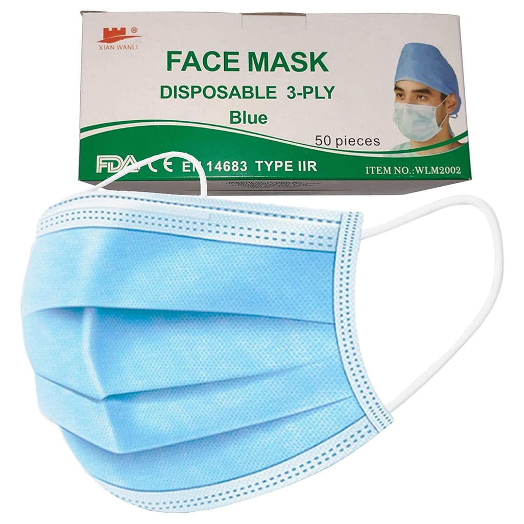 Type IIR 2R Fluid Resistant 3 Ply Surgical Medical Grade Disposable Single Use Face Mask Covering EN 14683 Elastic Ear Loops Blue, Box Pack of 50