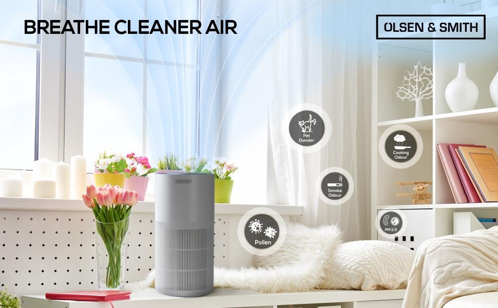 Olsen & Smith Portable Electric Tower Air Purifier with HEPA H11 Filter for Home Bedroom Bedside Table Kitchen Home Office Dust Pollen White