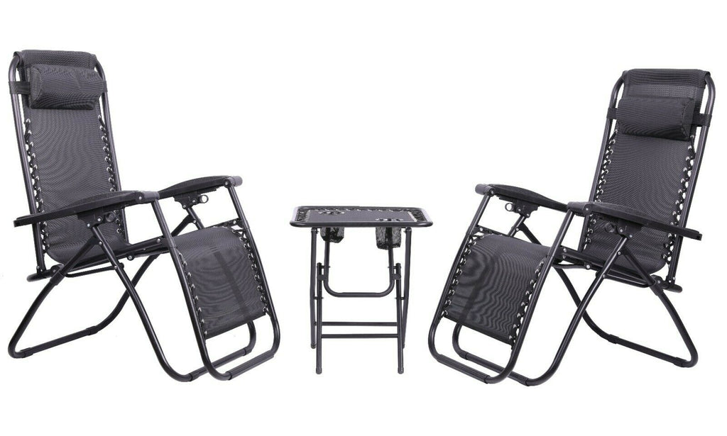 3 Piece Zero Gravity Reclining Garden Patio Deck Chair Sun Lounger, 2 Chair & Table Set, Charcoal